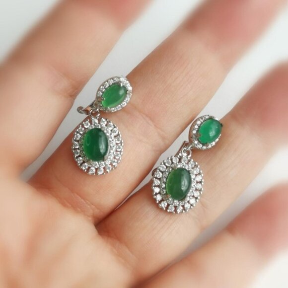 Green Chalcedony White Sapphire Halo Earrings Sterling Silver  Leverback - Picture 4 of 7